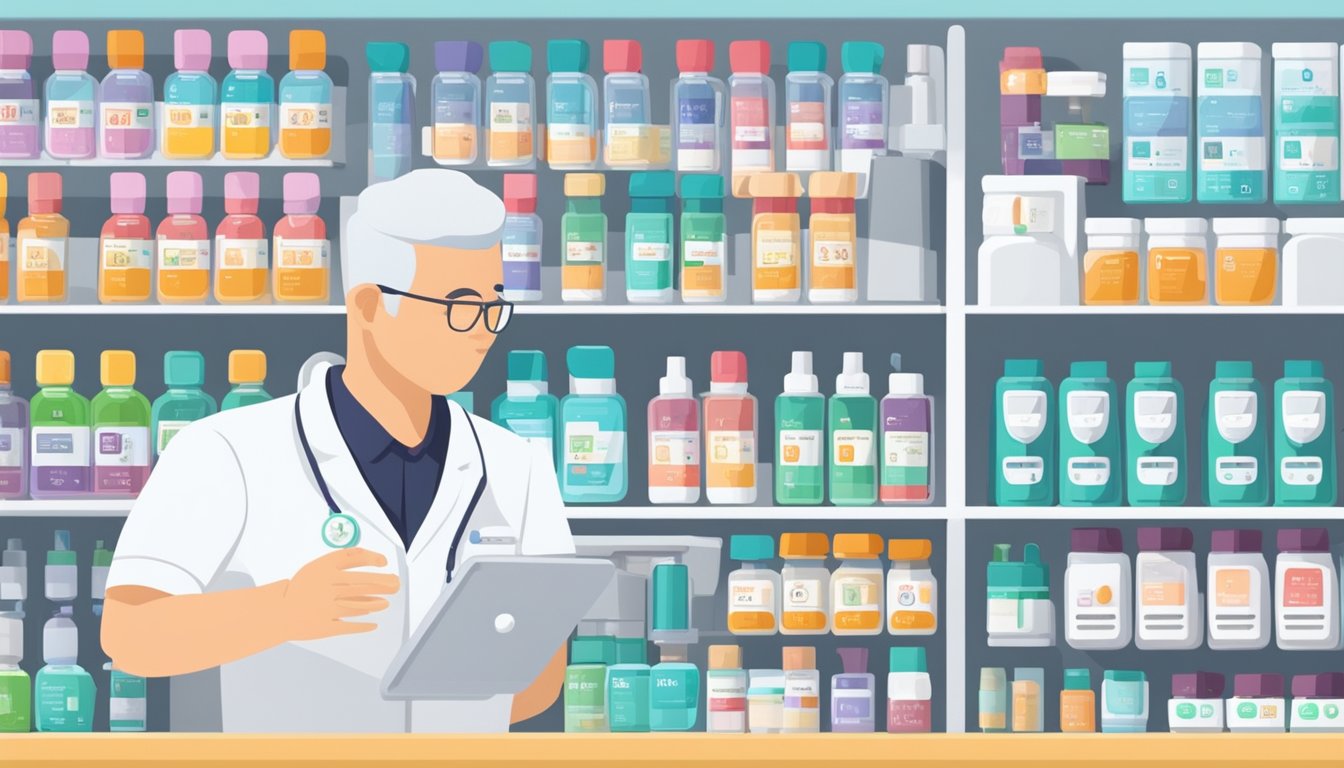 A pharmacy shelf displays pulse oximeters in Singapore. Customers browse and compare different models