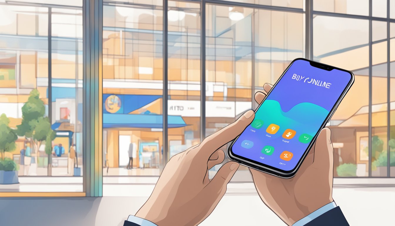 A hand holds the Mi Max 4 phone up, with a "buy online" button on the screen