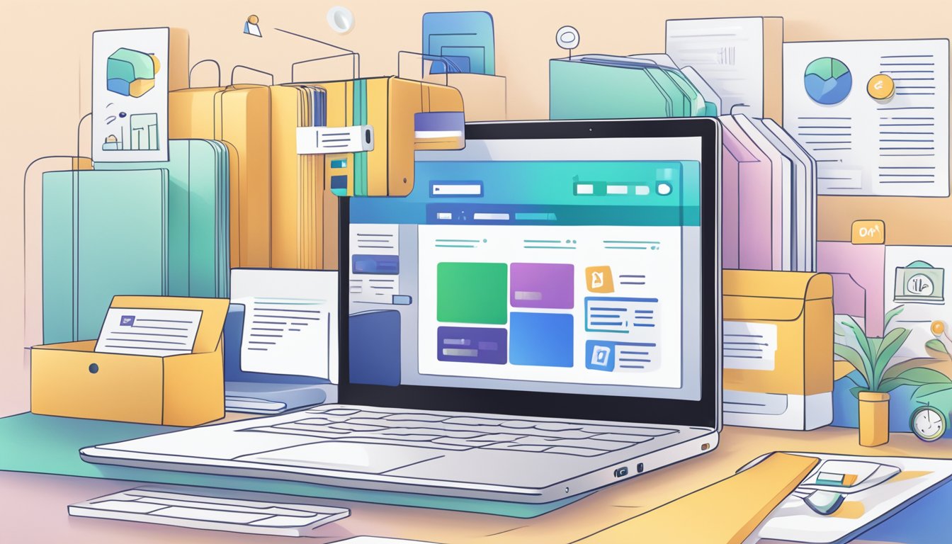 A laptop with "Frequently Asked Questions" about Mi Max 4 displayed on the screen, surrounded by online shopping websites and a "Buy Now" button