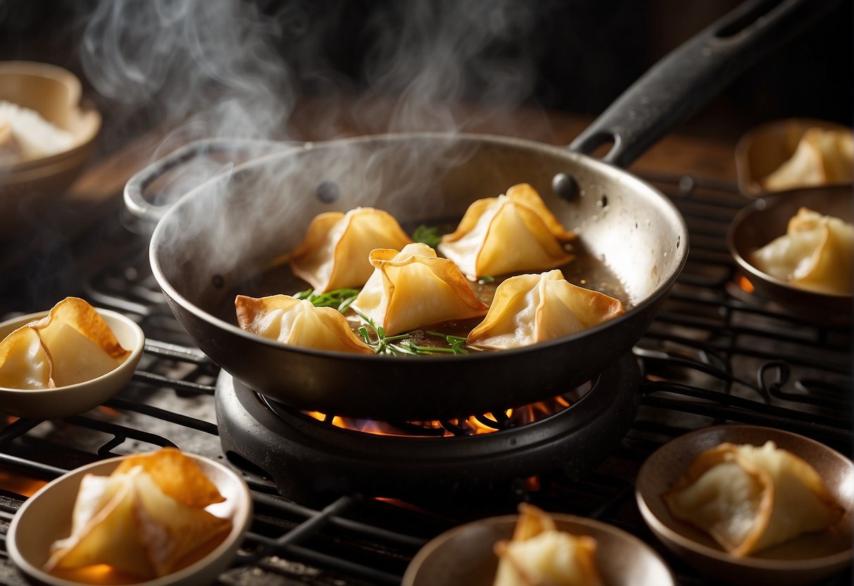 Golden brown wontons sizzle in hot oil. Steam rises as they cook to crispy perfection. Ingredients surround the frying pan