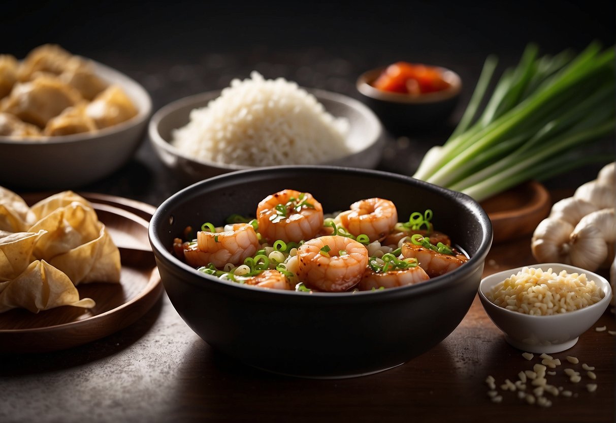 A table with ingredients: ground pork, shrimp, garlic, ginger, soy sauce, green onions, wonton wrappers. A bowl of filling, a spoon, and a brush for sealing. A frying pan with oil