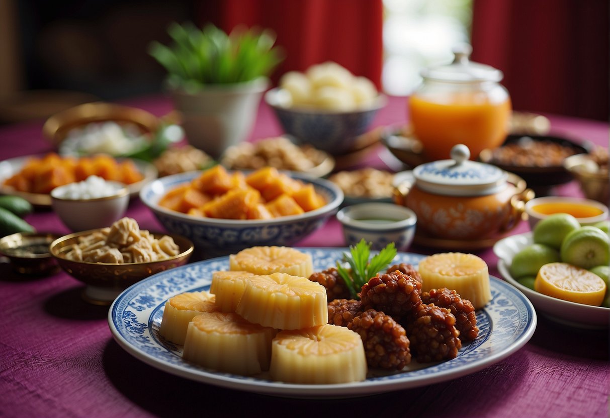 A table adorned with colorful Peranakan dishes, including kueh, acar, and rendang, symbolizing the rich cultural heritage of Nyonya Chinese New Year recipes