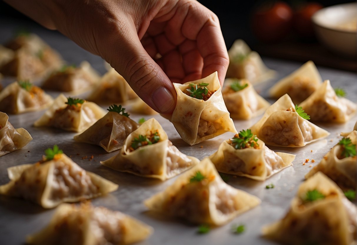 A hand is spooning a mixture of ground pork and seasonings onto a square of wonton wrapper, ready to be folded and fried