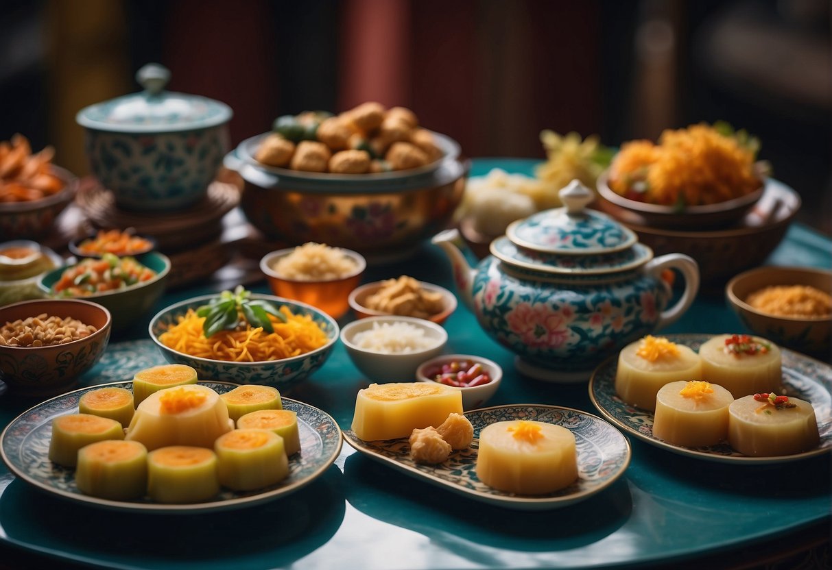 A vibrant table set with traditional Nyonya dishes, including colorful Peranakan kueh and aromatic Chinese New Year recipes