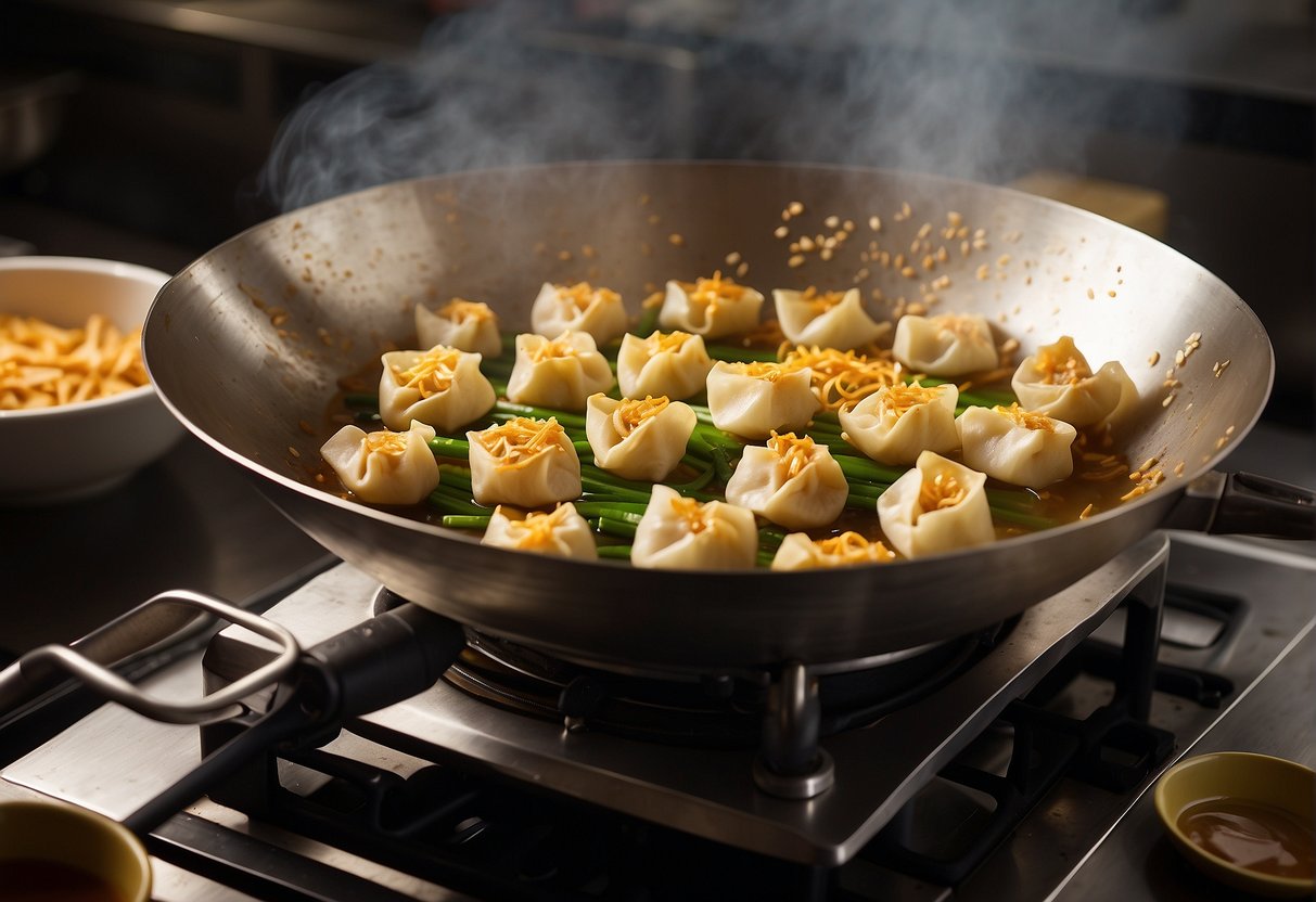 A wok sizzles with hot oil as wonton wrappers are filled, folded, and fried to golden perfection. Ingredients like ground pork, garlic, and ginger are neatly arranged nearby