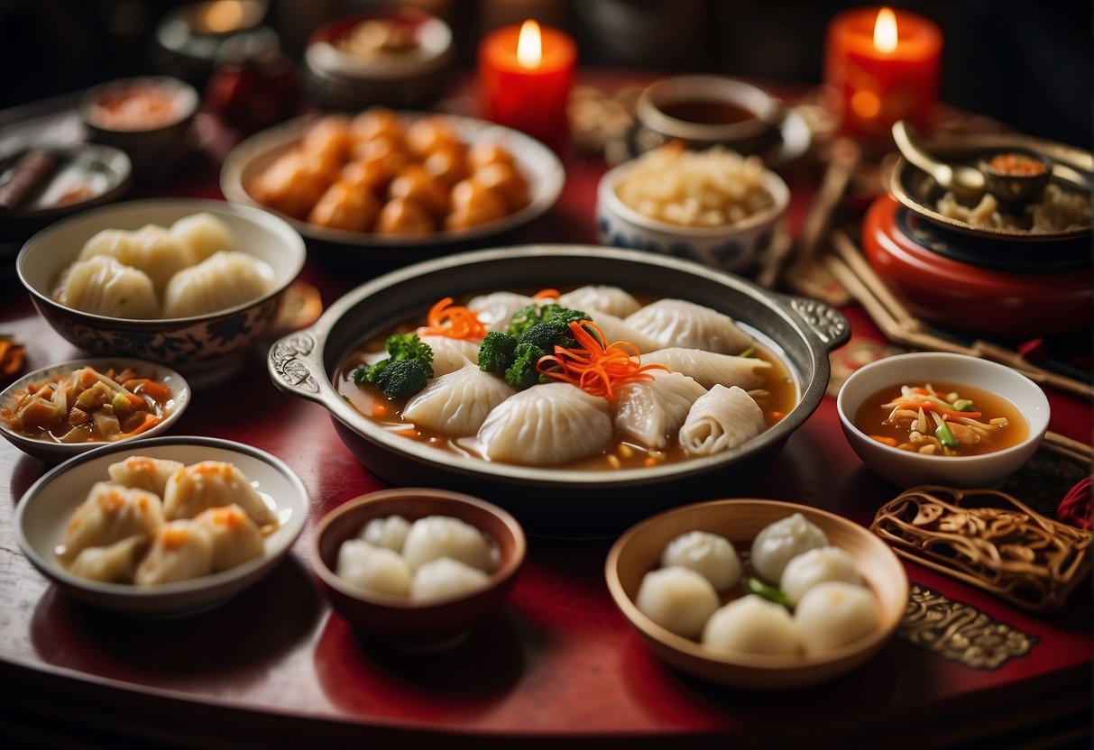 A table adorned with vibrant and ornate Chinese New Year dishes, including steamed fish, dumplings, and tangyuan, surrounded by festive decorations