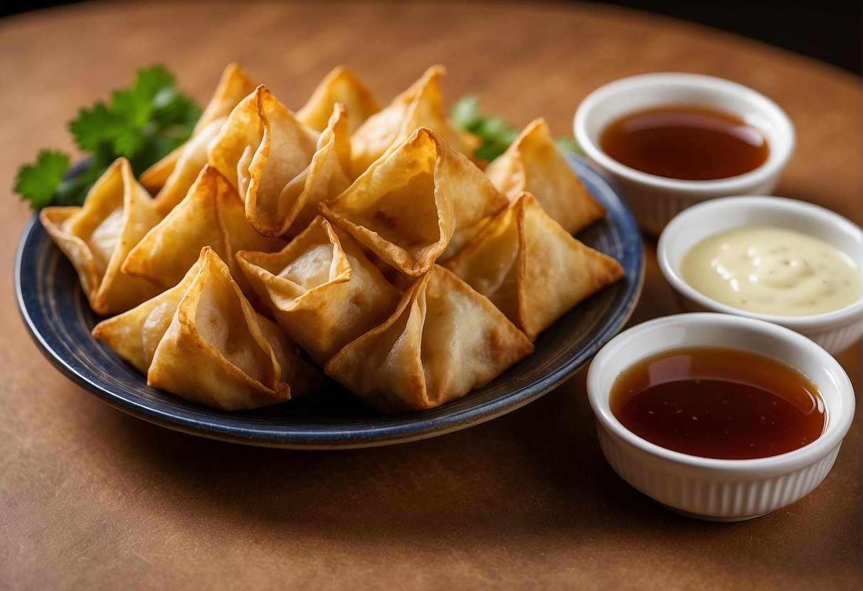 A plate of golden brown fried wontons arranged neatly next to a small bowl of dipping sauce, with a stack of folded wonton wrappers and a container of filling in the background