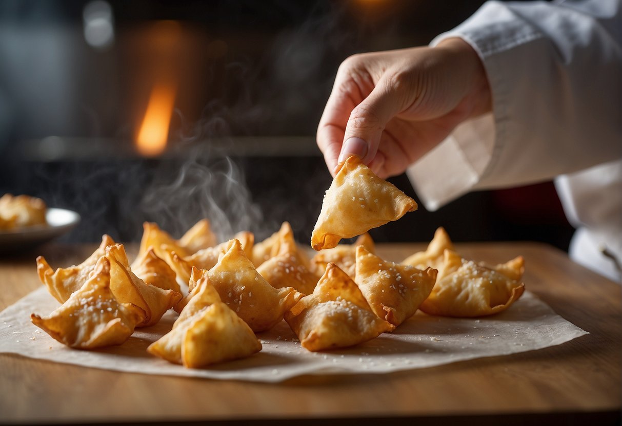 A chef drops a batch of golden, crispy fried wontons onto a paper towel, steam rising, ready to be served