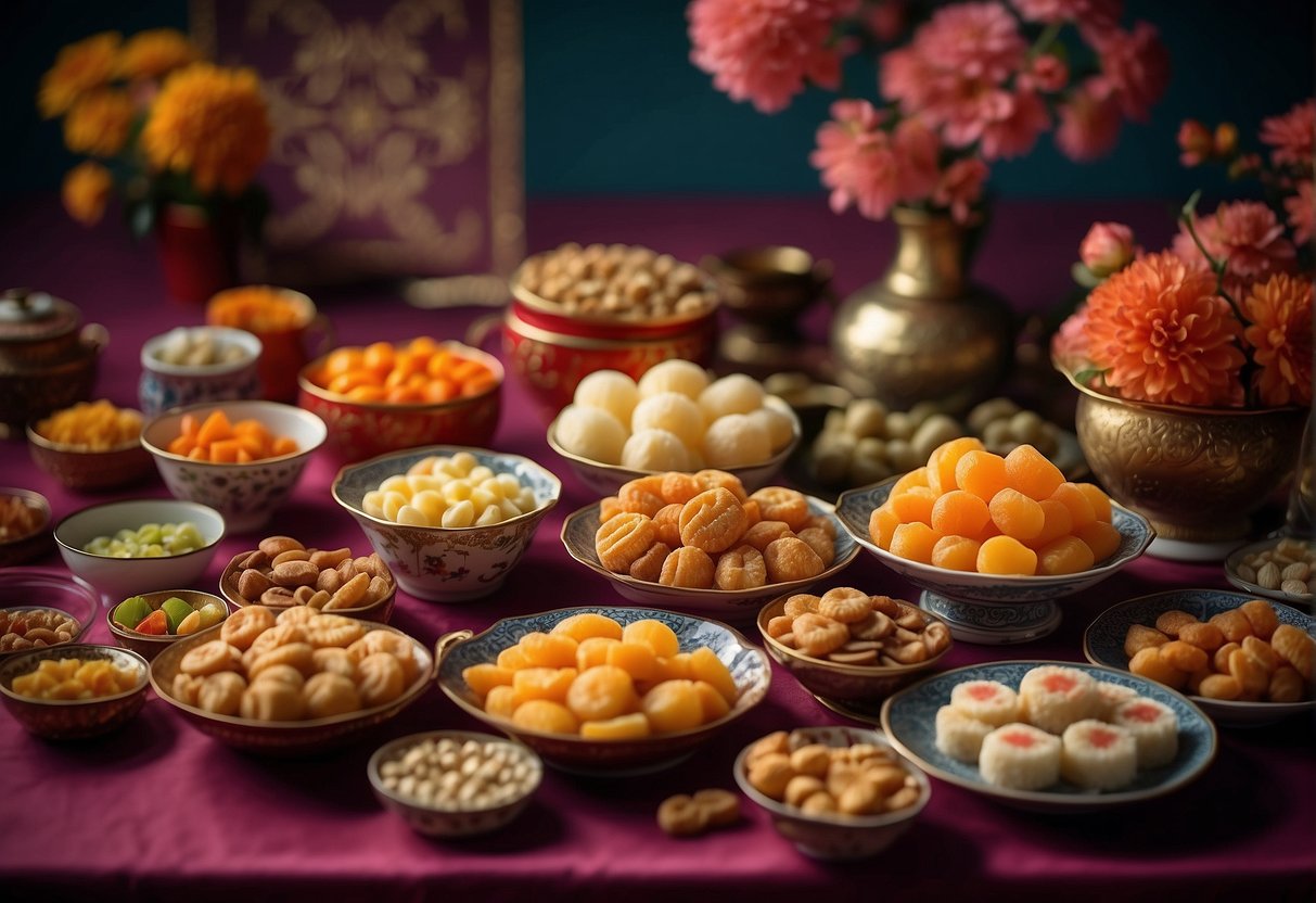 A table adorned with colorful Nyonya sweets and snacks, showcasing traditional Chinese New Year recipes