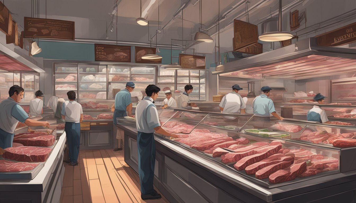 The butcher shop is bustling with activity as customers select cuts of raw steak. Display cases are filled with marbled beef, while the sound of knives slicing through meat fills the air