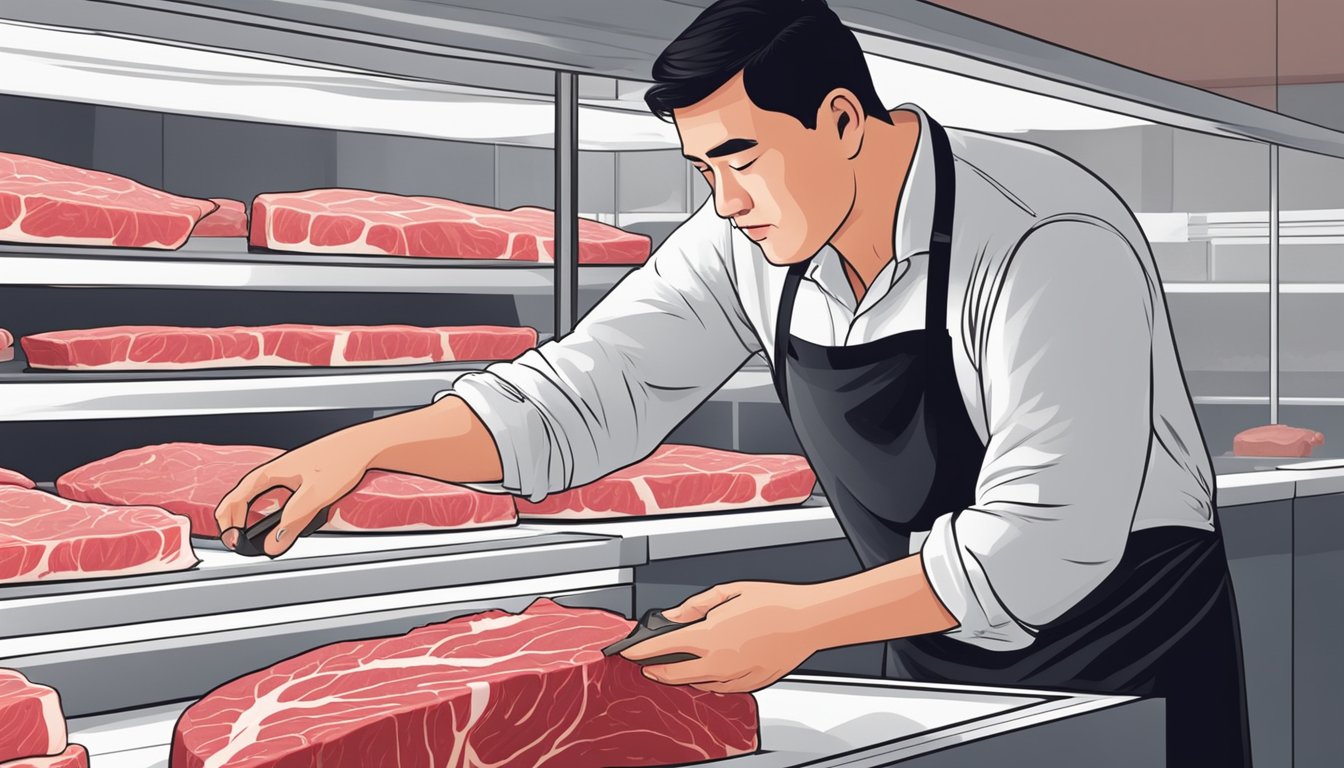 A butcher carefully chooses a prime cut of raw steak from a display case in a high-end market in Singapore