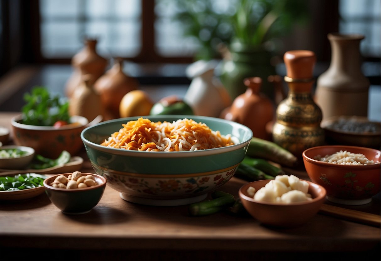 A kitchen counter adorned with traditional Nyonya cooking ingredients and utensils for Chinese New Year recipes
