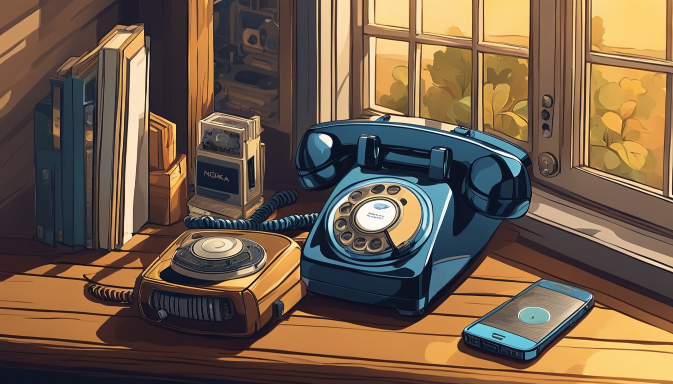 A Nokia 6700 Classic phone sits on a wooden table, surrounded by vintage items like a rotary phone and cassette player. The warm sunlight streams through the window, casting dramatic shadows on the objects