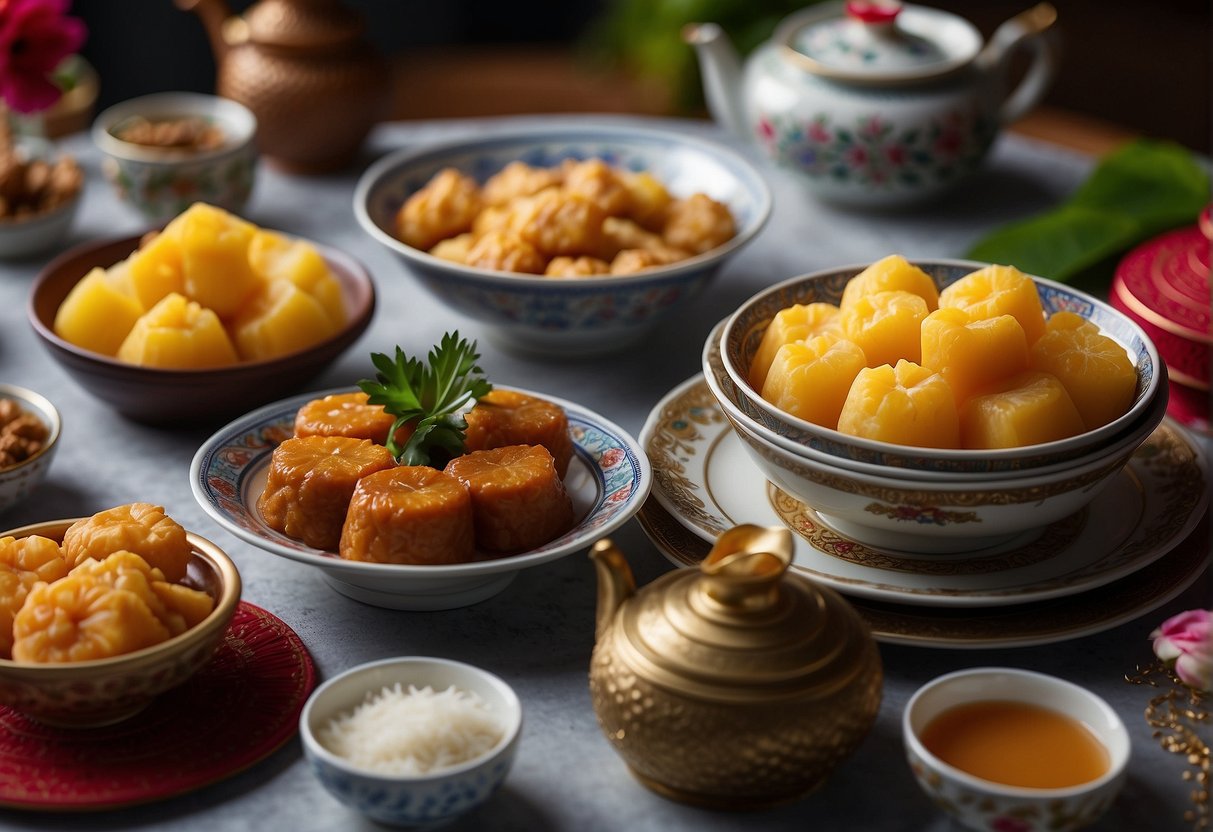 A table set with colorful Nyonya dishes for Chinese New Year, including fragrant rendang, tangy acar, and sweet pineapple tarts