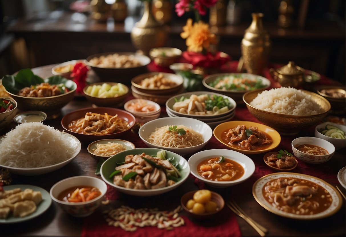 A table filled with traditional Nyonya Chinese New Year dishes, surrounded by family members asking questions about the recipes