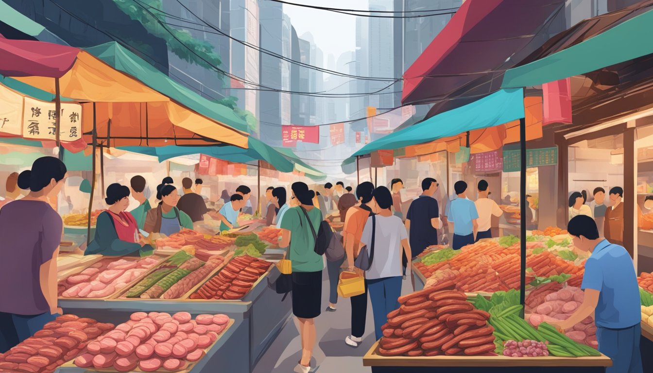 A bustling street market in Hong Kong with colorful stalls selling various types of Chinese sausages, with vendors showcasing their best products to eager customers