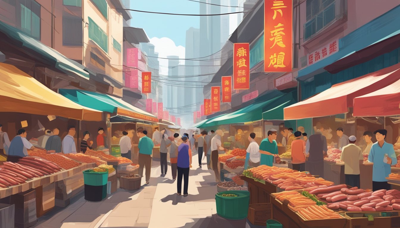 A bustling market in Hong Kong showcases an array of vendors selling Chinese sausages, with colorful signs and aromatic scents filling the air