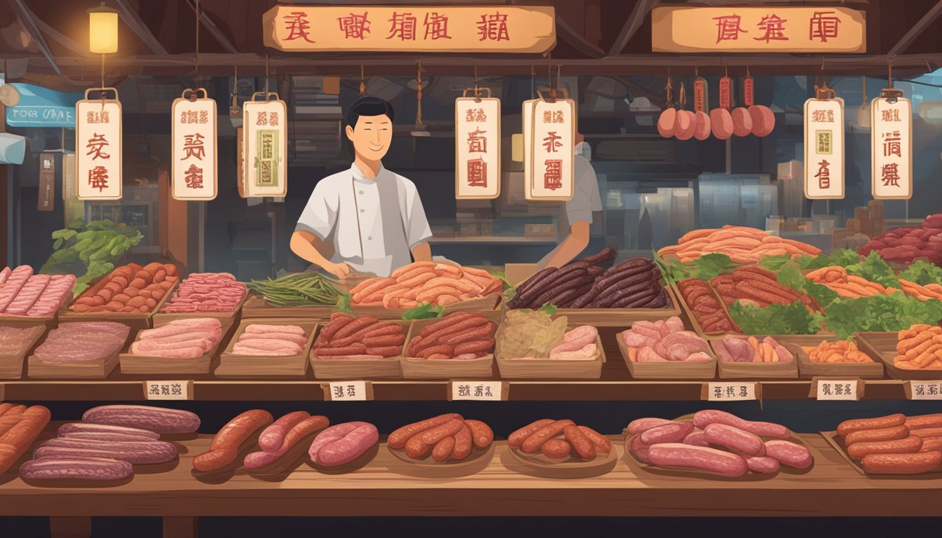 A variety of Chinese sausages displayed on a wooden table with labels indicating their uses. A bustling market in Hong Kong with vendors selling the best Chinese sausages