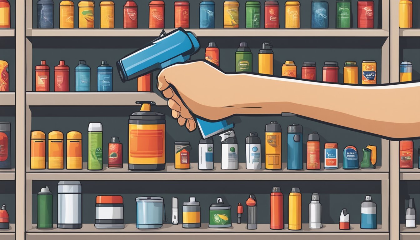 A hand reaches for a canister of pepper spray on a store shelf, with various self-defense tools in the background