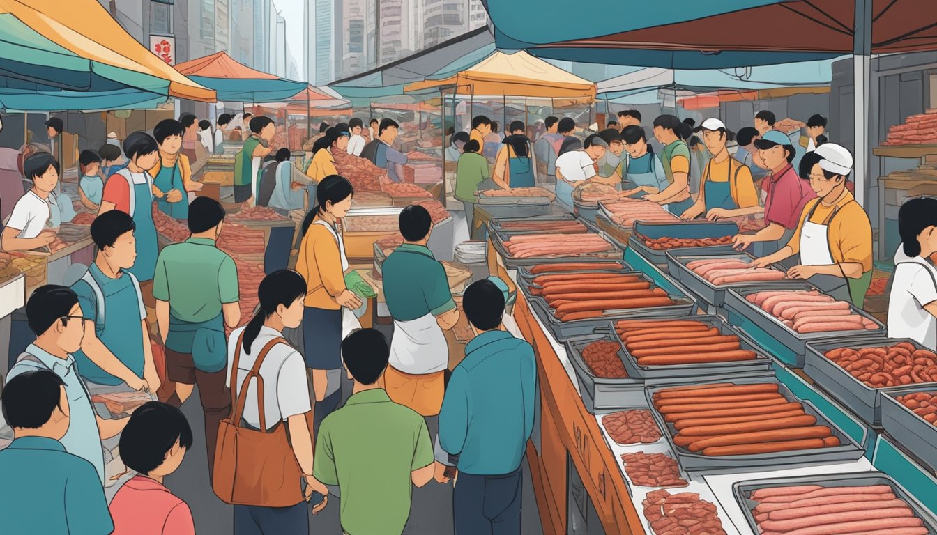 A bustling market stall displays an array of Chinese sausages, with vendors eagerly assisting customers in Hong Kong