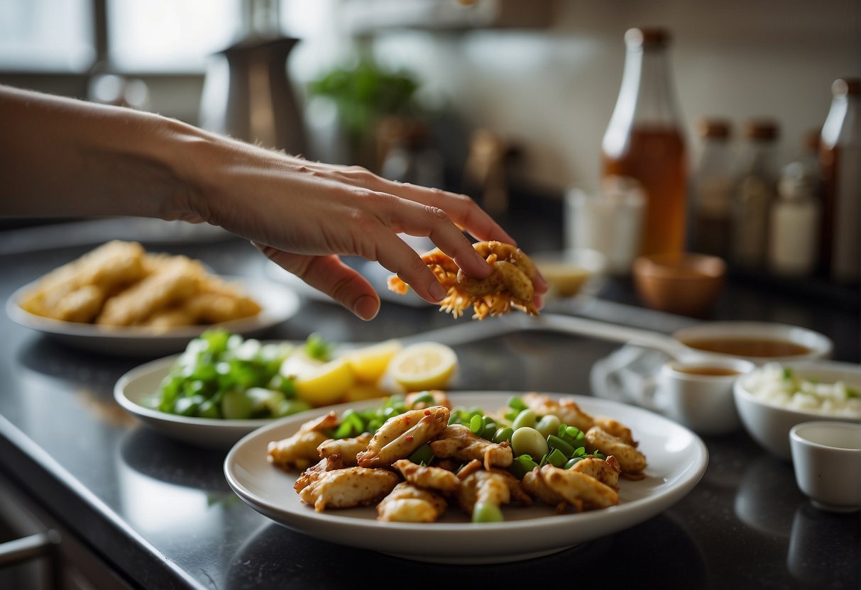 A hand reaches for frog legs, ginger, and soy sauce on a cluttered kitchen counter