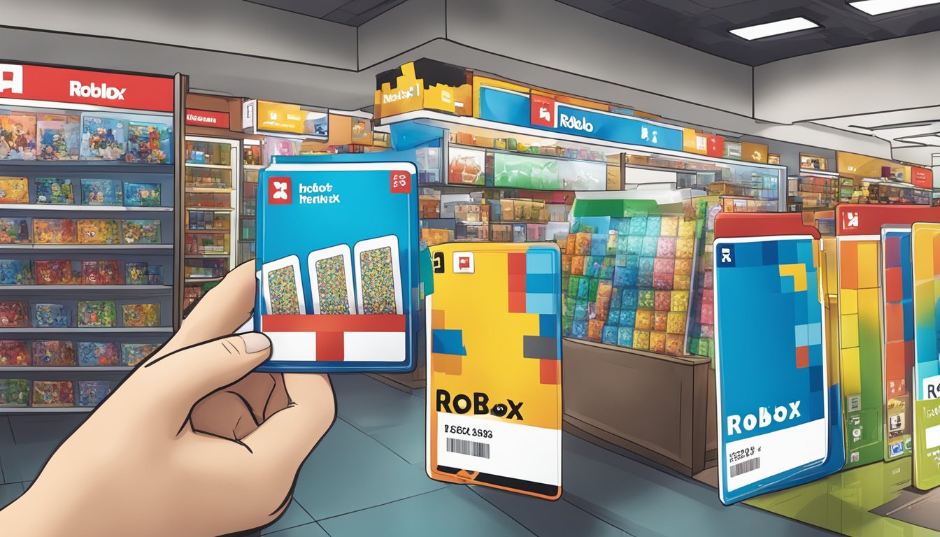 A hand holding a Roblox card, with a store display of Roblox cards in the background, located in a Singaporean retail store