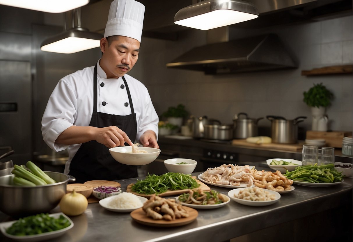 A Chinese chef prepares frog legs in a bustling kitchen, surrounded by traditional ingredients and cooking utensils. The recipe book "Frequently Asked Questions Chinese Frog Legs Recipe" is open on the counter