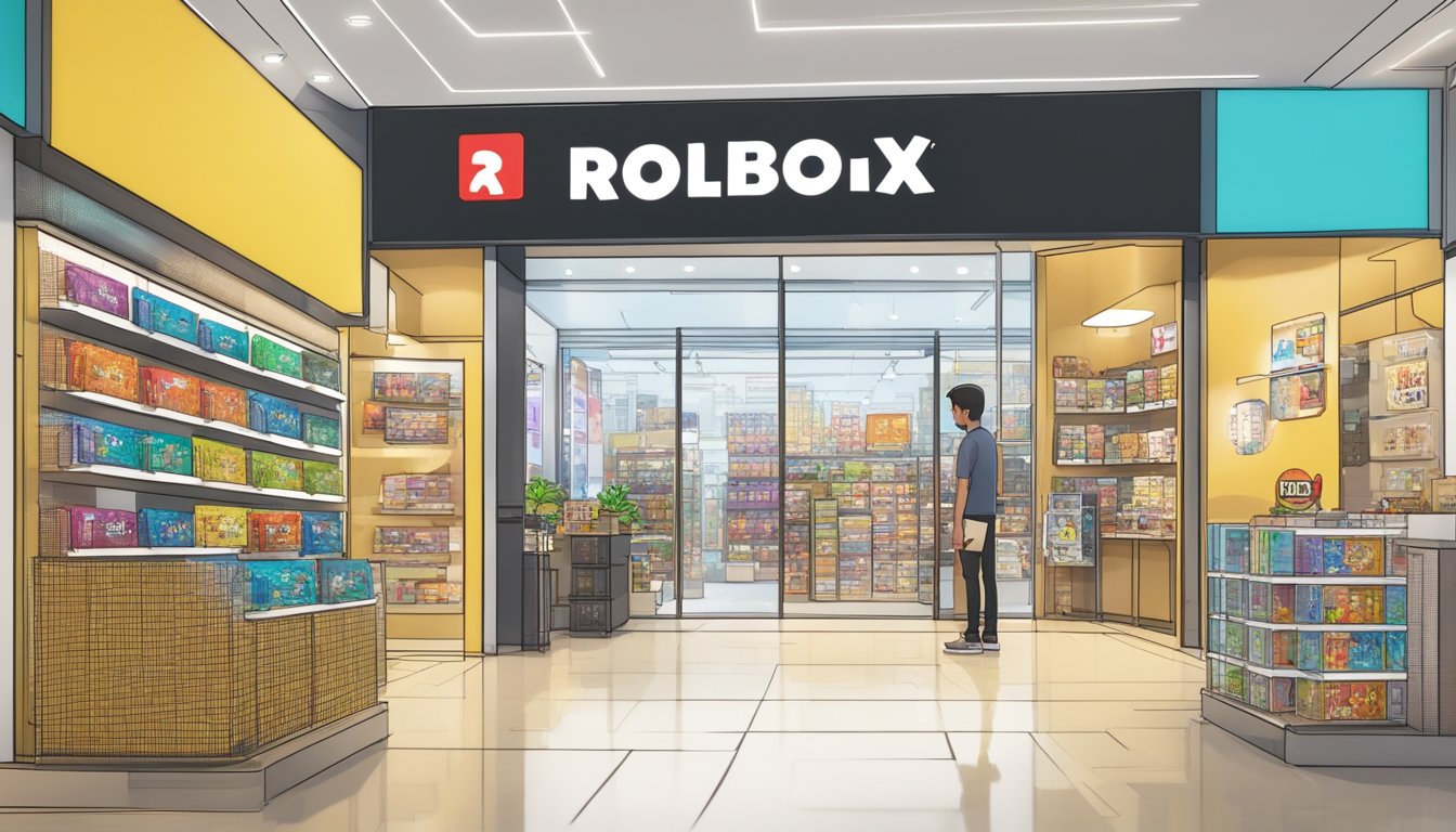 A display of Roblox gift cards at a Singapore store, with a sign reading "Frequently Asked Questions: Where to buy Roblox card in Singapore."