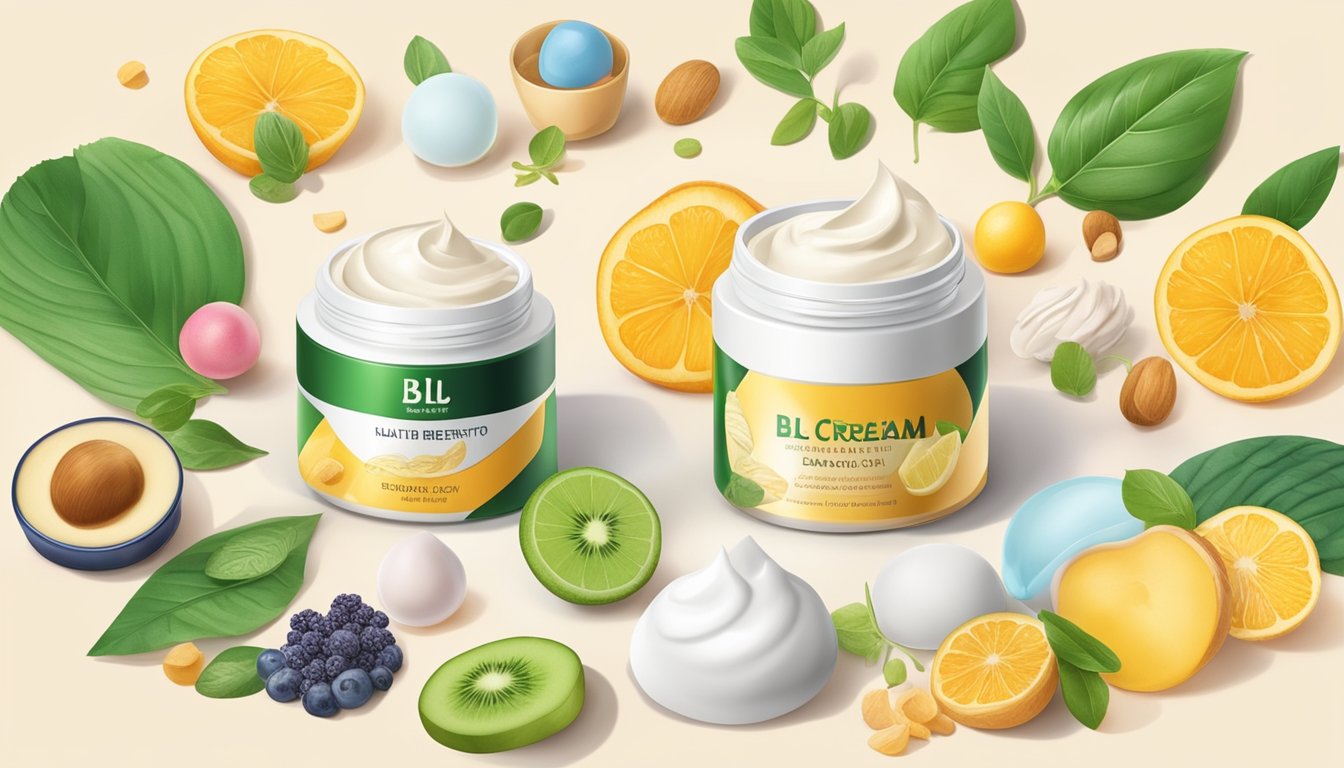 A colorful display of BL Cream surrounded by various natural ingredients, with a prominent sign indicating its health benefits and availability in Singapore