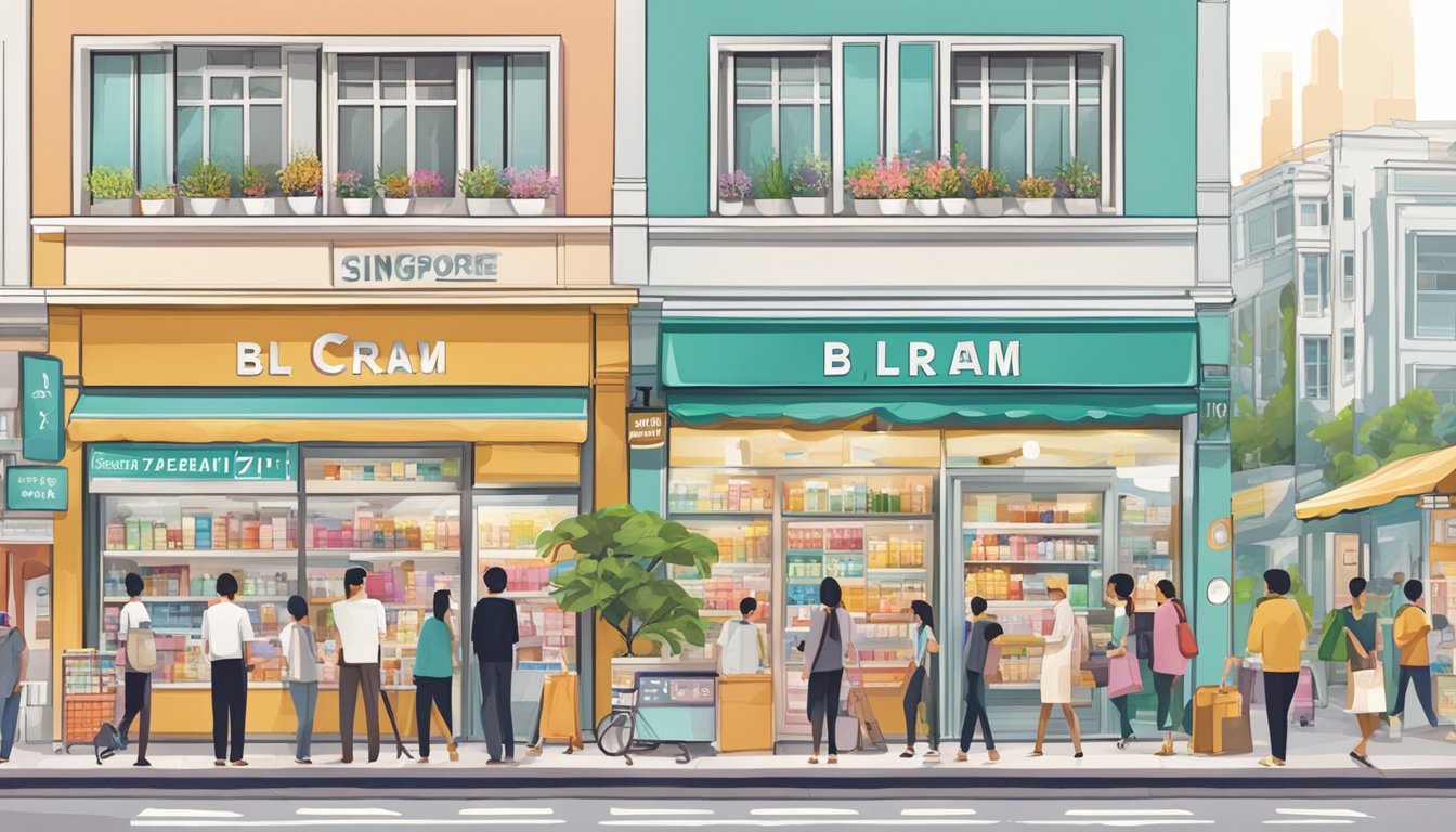 A crowded city street with various storefronts, including a pharmacy or beauty store, with signs advertising "BL Cream" in Singapore