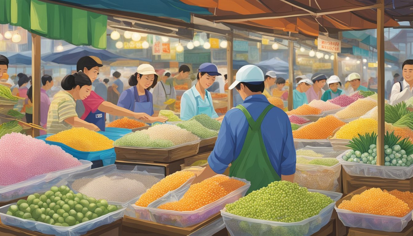 A bustling market stall in Singapore sells fresh sago pearls in clear plastic bags. The vendor carefully measures out portions for customers, surrounded by colorful displays of other exotic ingredients