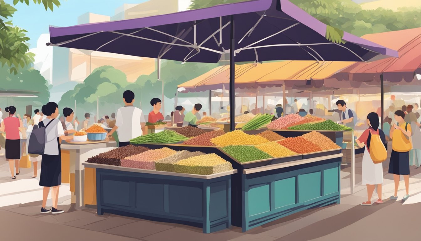 A bustling market stall displays various types of sago in Singapore. Customers eagerly sample and purchase the culinary delights, creating a vibrant atmosphere
