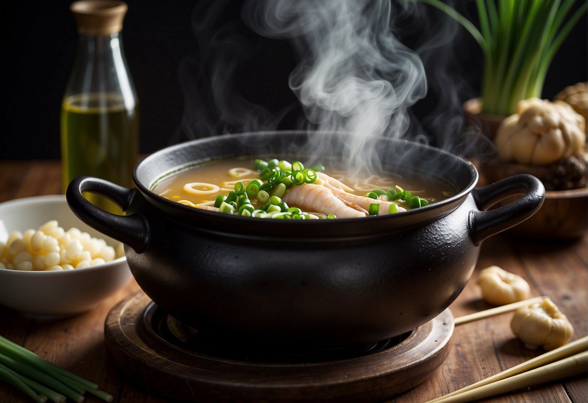 A cauldron bubbles with fragrant broth, filled with tender frog legs, ginger, and green onions. Steam rises as chopsticks stir the soup