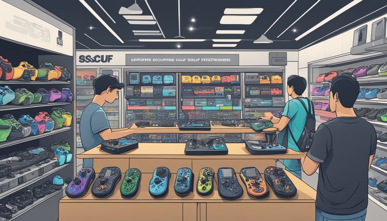 A bustling electronics store in Singapore displays a variety of scuf controllers on its shelves, with customers browsing and making purchases