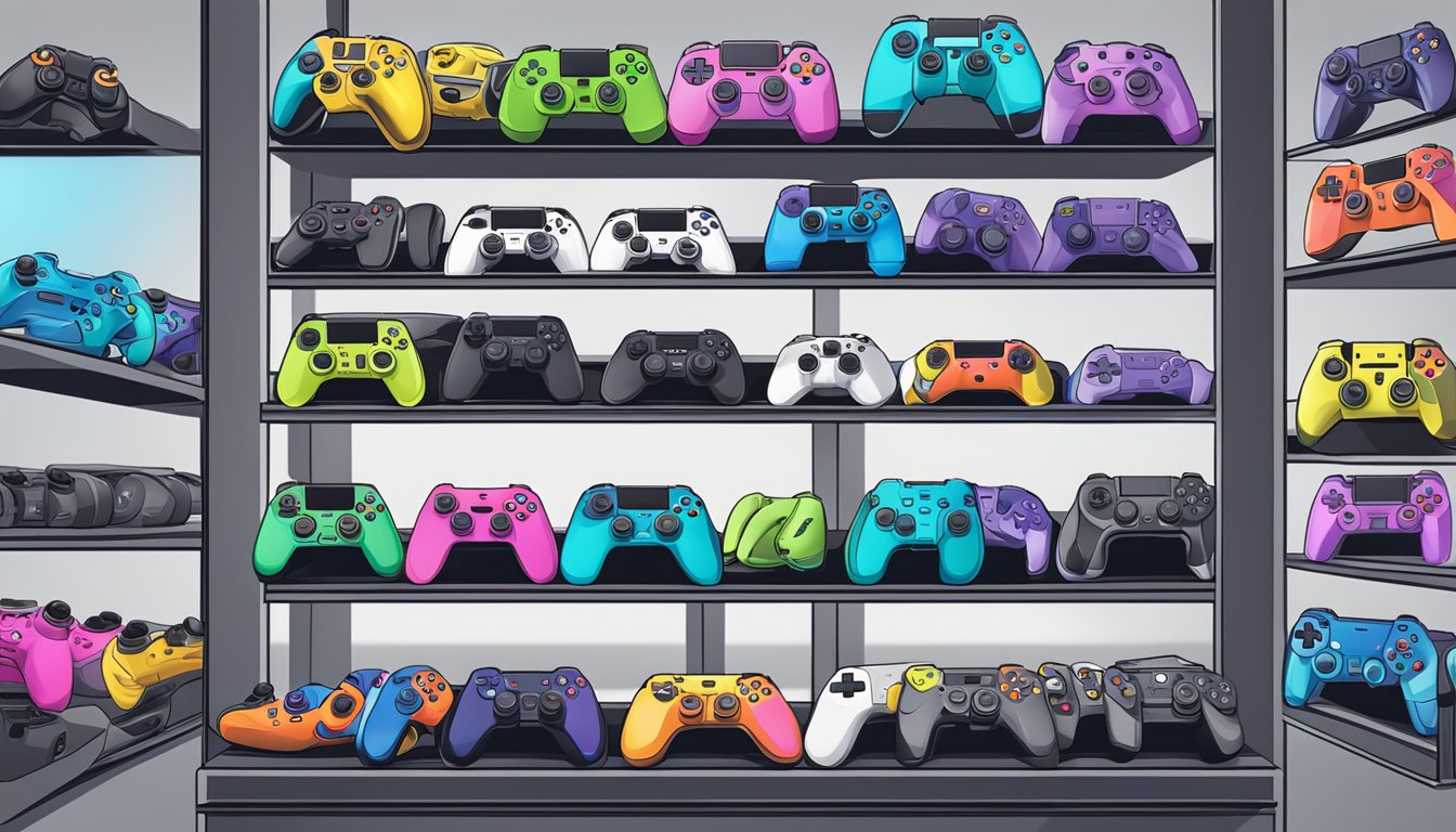 A brightly lit electronics store in Singapore displays a variety of SCUF controllers on shelves, with a prominent sign indicating their availability