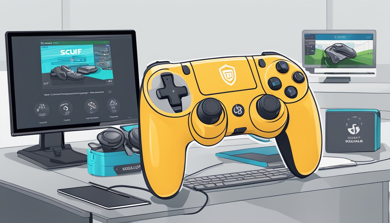 A sleek SCUF controller sits on a clean, modern desk. A computer monitor displays the SCUF website, with the words "Where to buy SCUF controller in Singapore" prominently featured