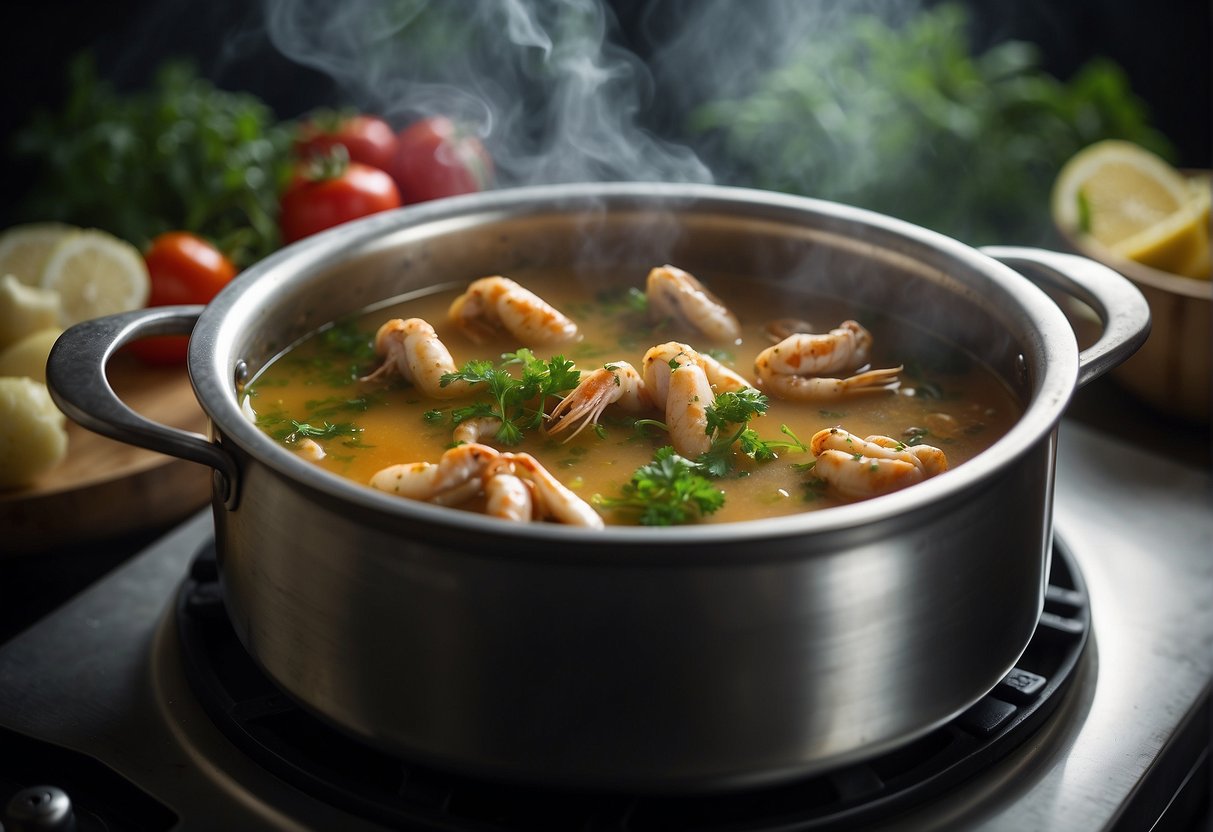 A pot simmers on a stove, filled with frog legs, ginger, and herbs. Steam rises as the soup cooks, creating a savory aroma