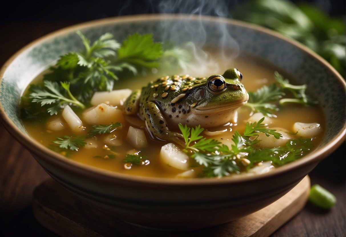 A steaming bowl of Chinese frog soup surrounded by fresh herbs and spices, with a hint of ginger and garlic
