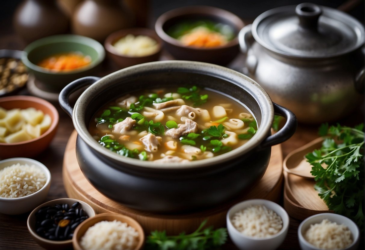 A bubbling pot of Chinese frog soup surrounded by ingredients and utensils
