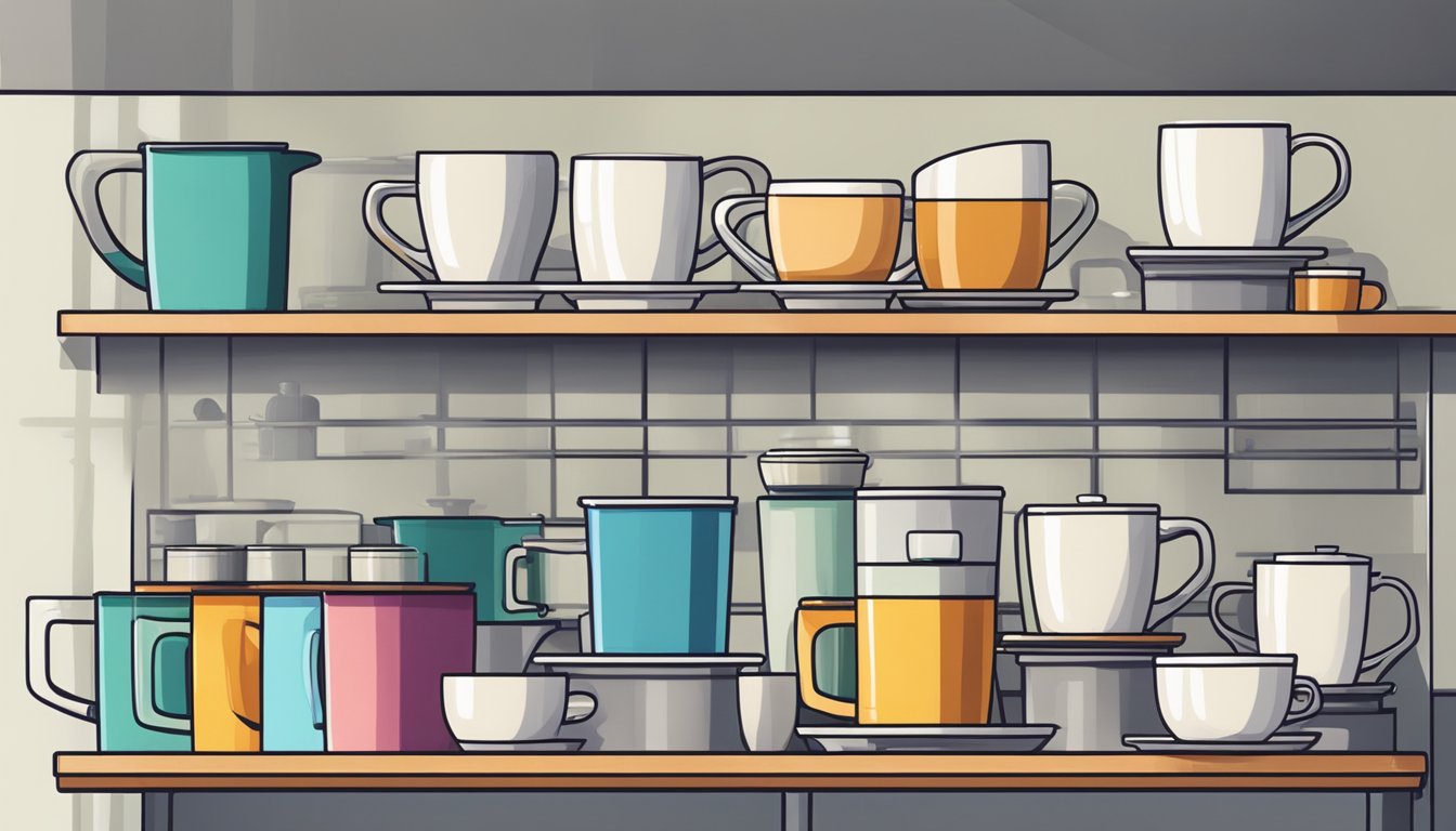 A shelf with self-stirring mugs in a modern Singaporean kitchen