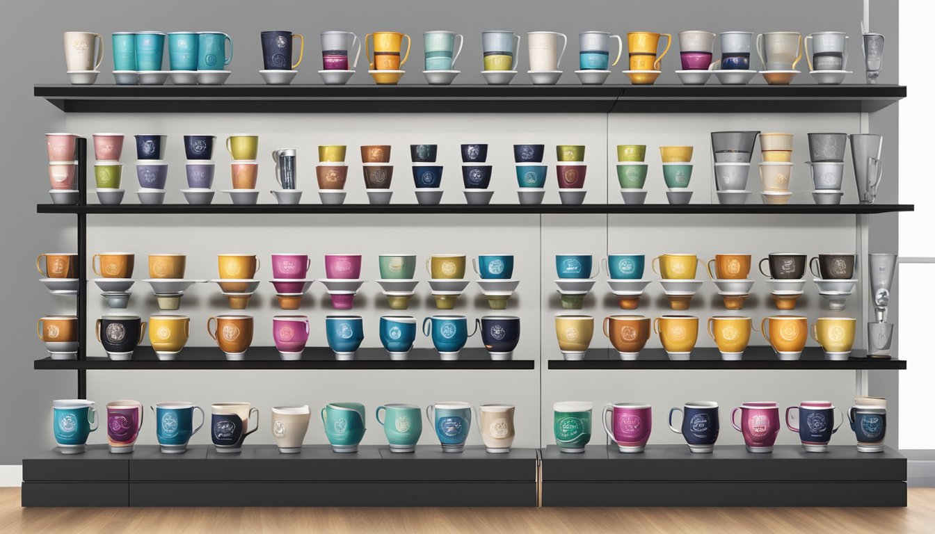 A display of self-stirring mugs in a modern, well-lit retail store in Singapore, with various brands and designs showcased on sleek shelves
