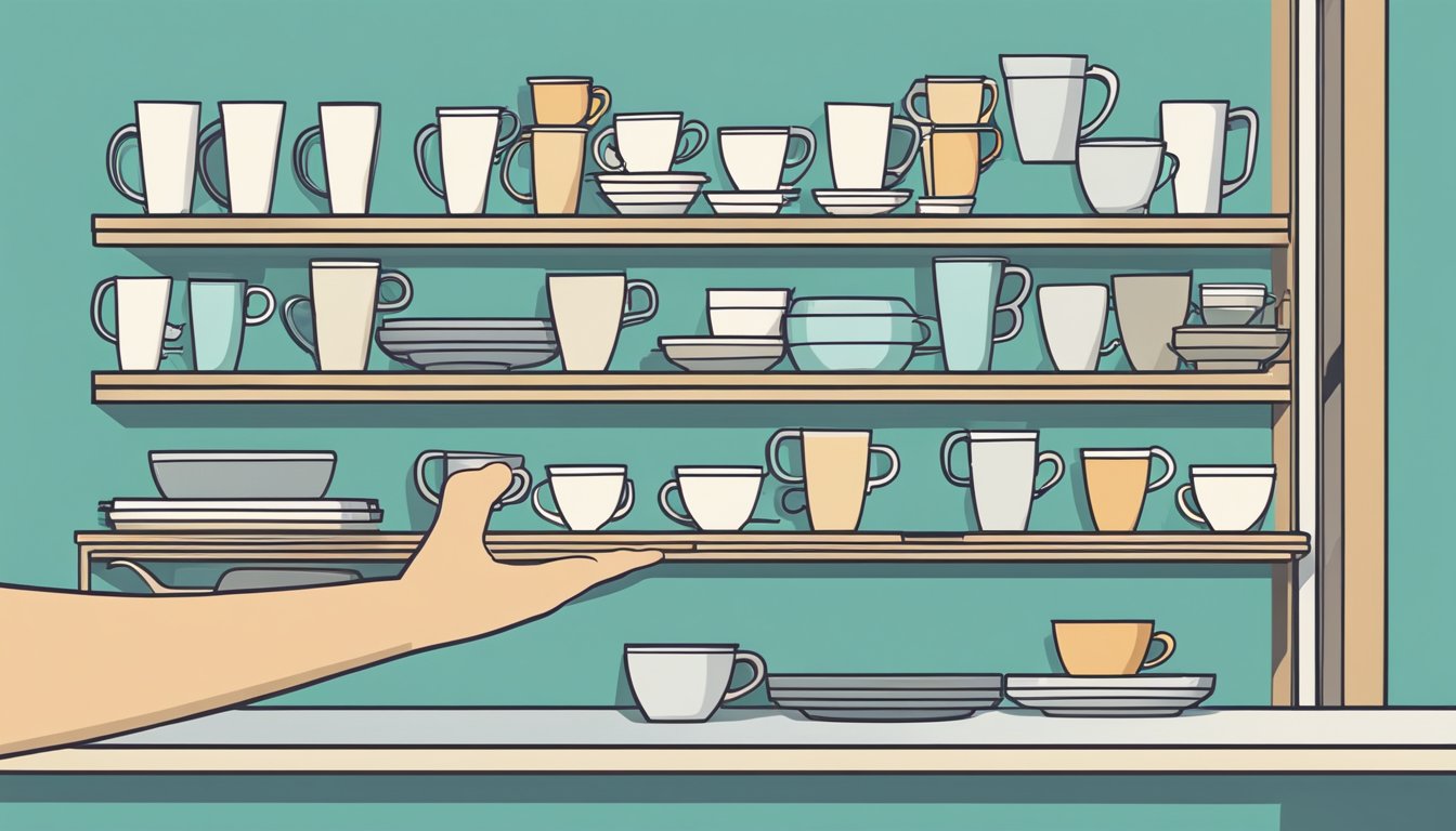 A hand reaching for a self-stirring mug on a shelf in a modern kitchenware store. Shelves are filled with various mugs and the background is clean and minimalistic