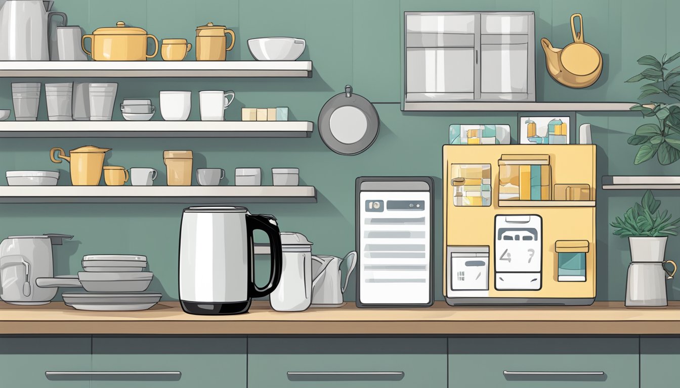 A self-stirring mug displayed on a shelf in a modern kitchen, with a sign reading "Frequently Asked Questions: Where to buy in Singapore."