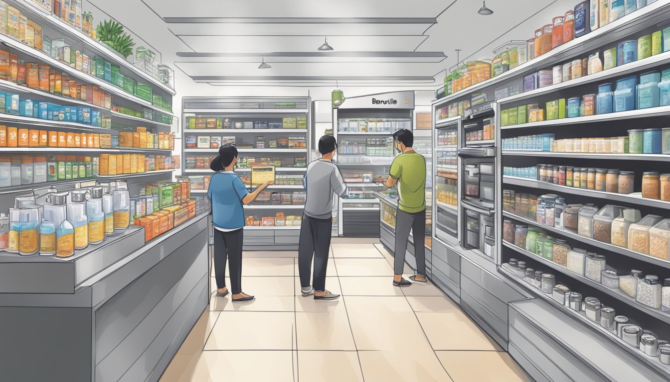 A bustling electronic store in Singapore displays a variety of Breville products on its shelves, with customers browsing and interacting with the knowledgeable staff