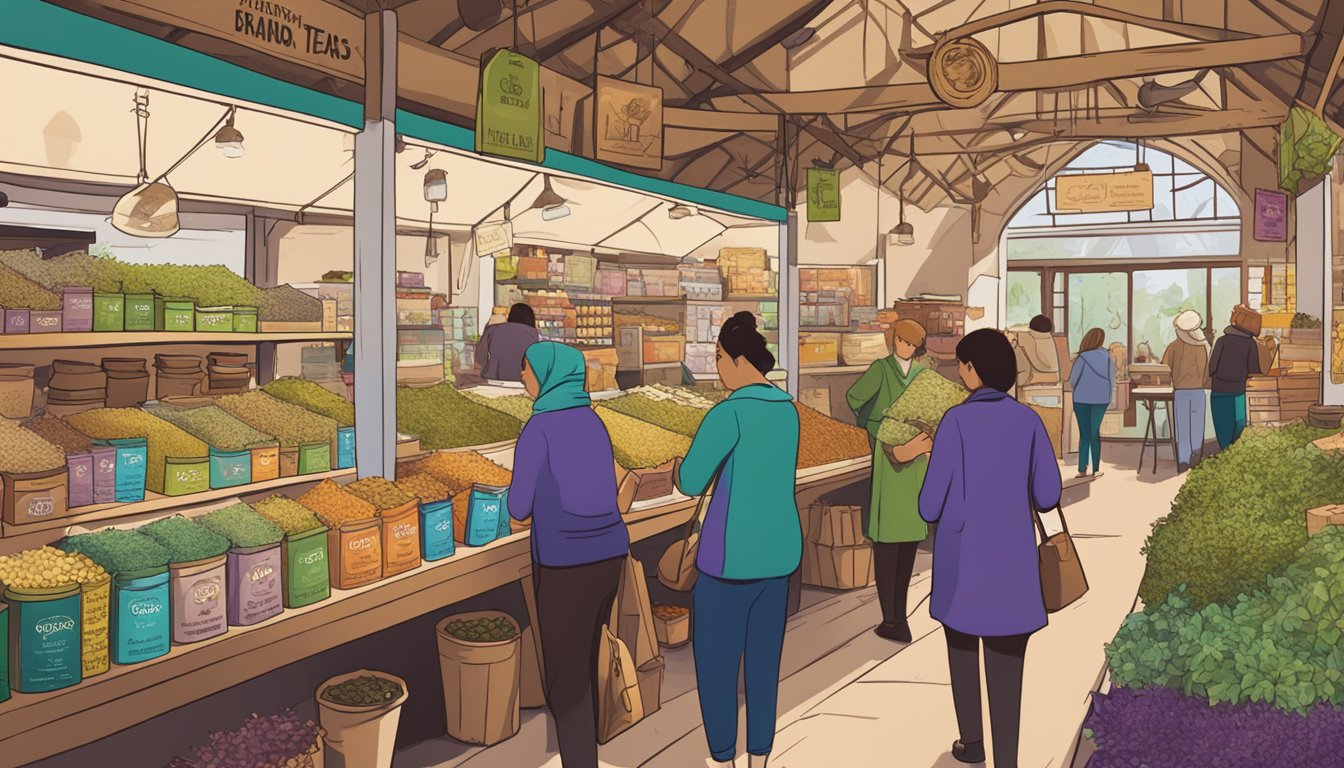 A bustling market stall displays various herbal teas, including burdock tea, in vibrant packaging. Customers browse the selection, while a friendly vendor stands ready to assist