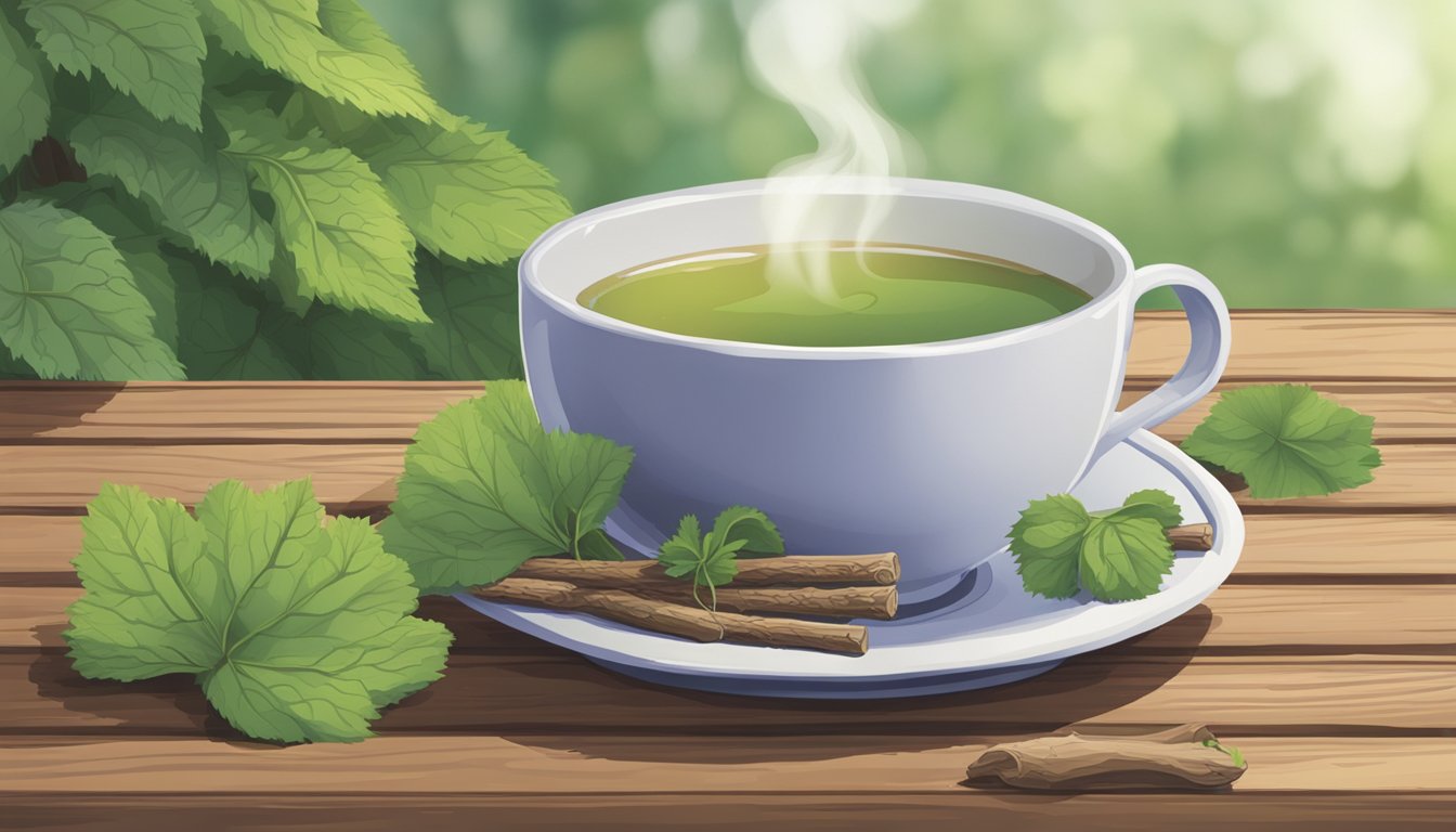A steaming cup of burdock tea sits on a wooden table, surrounded by fresh burdock roots and vibrant green leaves. A sign in the background reads "Burdock Tea - Available Here" in bold letters