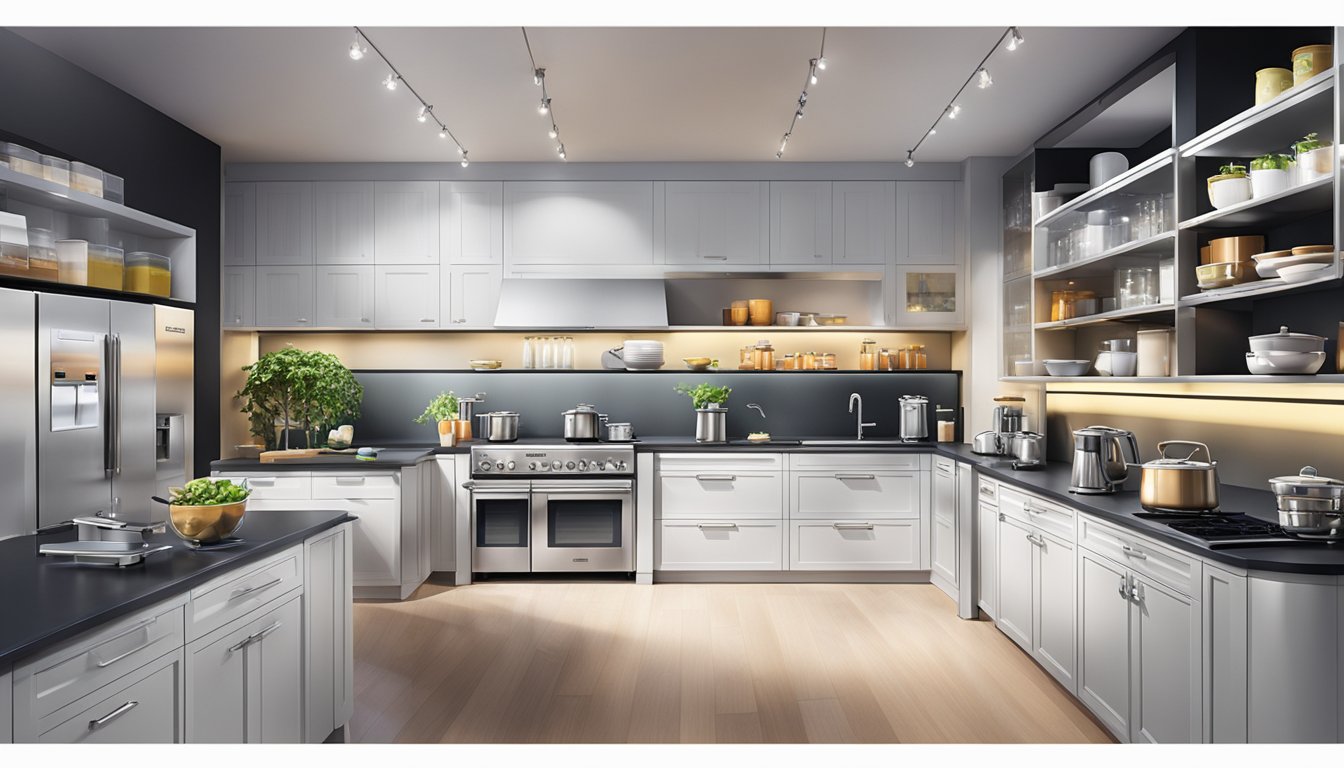 A modern kitchen showroom in Singapore displays various Breville appliances on sleek countertops and shelves, with bright lighting highlighting their stylish designs