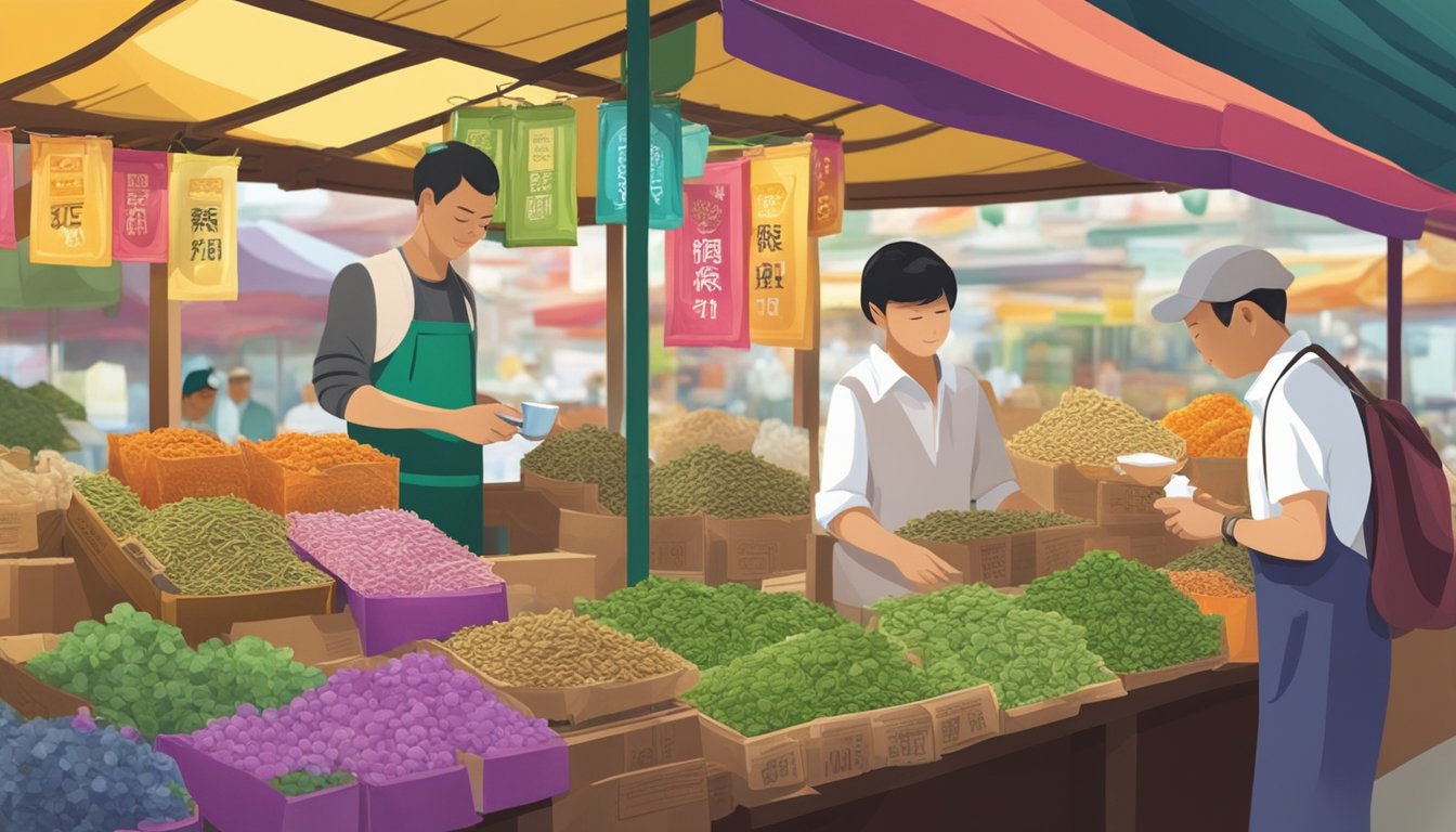 A customer at a bustling Singapore market stall purchases a bag of burdock tea from a friendly vendor. The colorful array of tea packages and the vibrant atmosphere of the market create an inviting scene