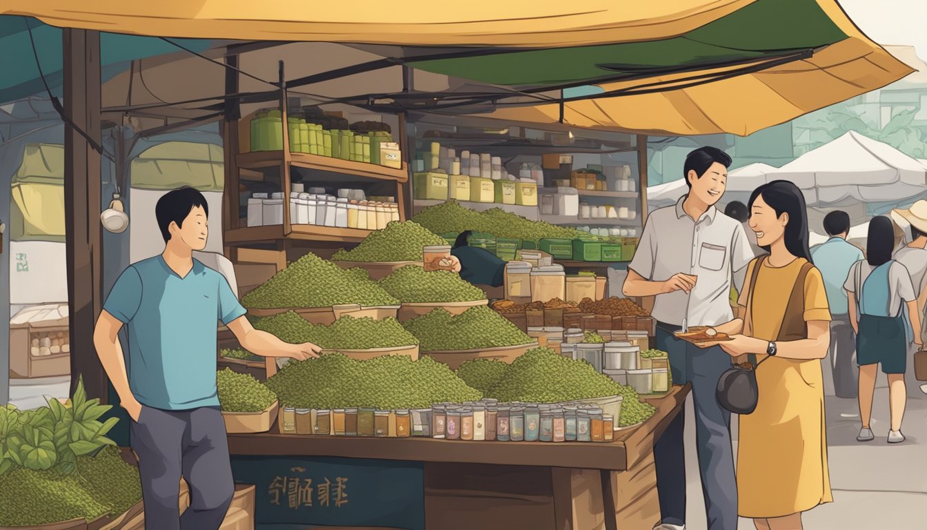A bustling market stall in Singapore displays various teas, including burdock tea. Customers inquire about the product, while the vendor answers their questions with a warm smile
