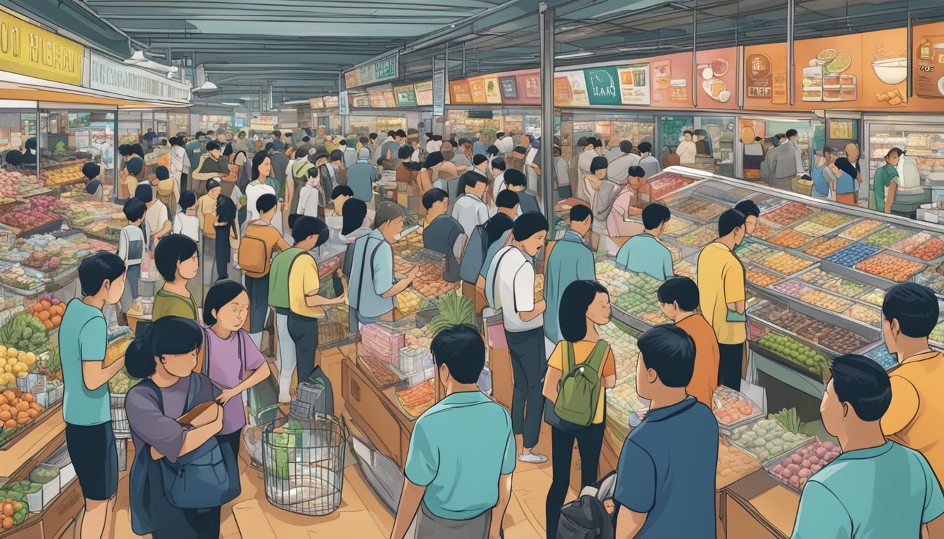 A bustling Singaporean market with a prominent Breville display, surrounded by curious shoppers seeking information